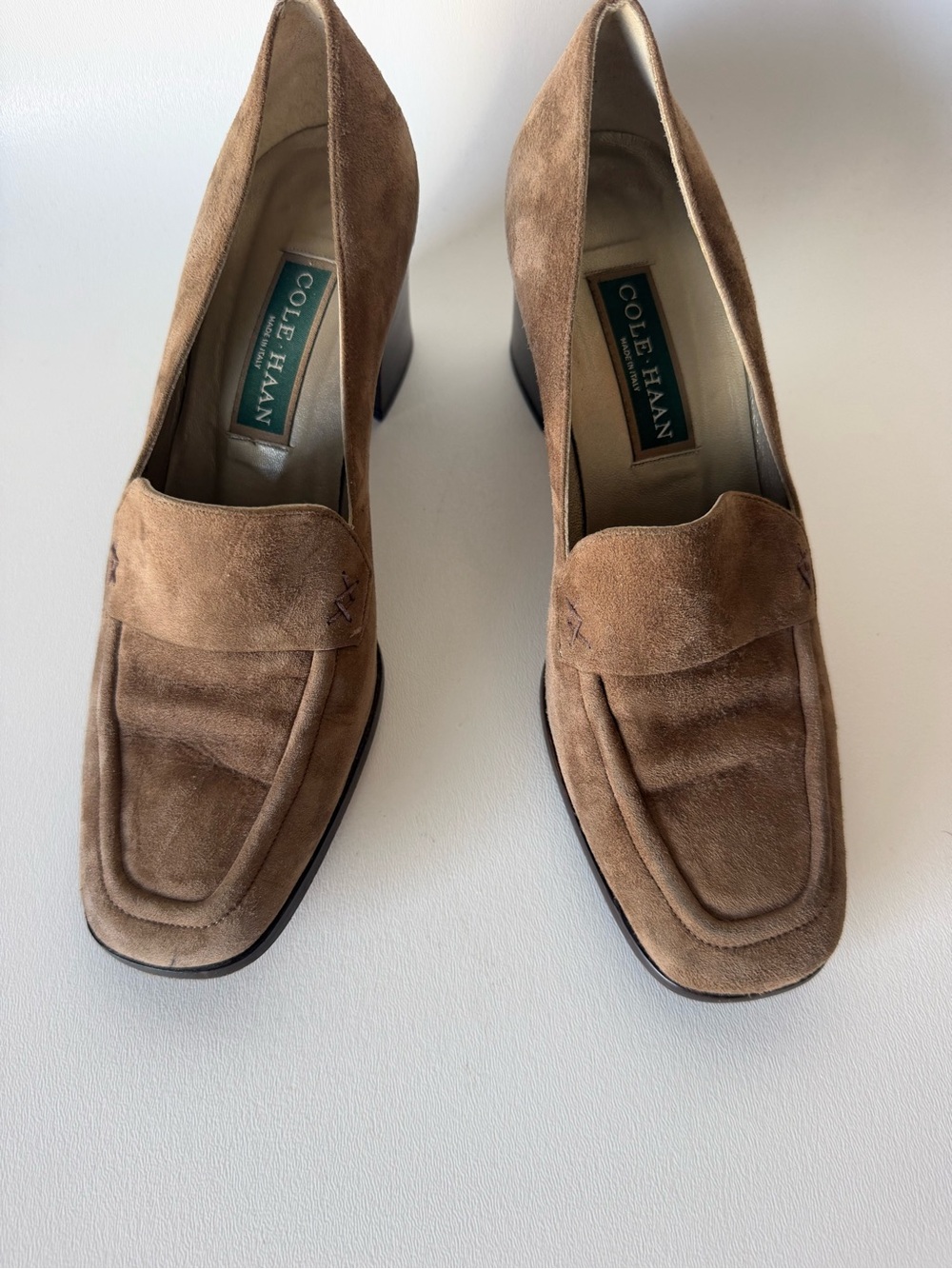 Cole Haan made In Italy Taupe Suede Block 3”Heel Loafer Pumps Sz 8 90s Preppy